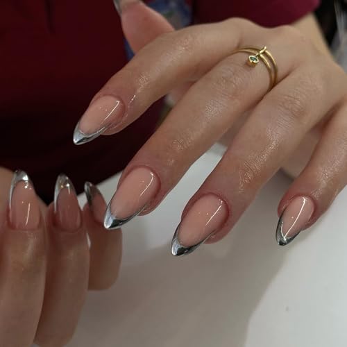 Silver French Tip Press On Nails Medium Almond, Fake Nails French Nails Press ons Acrylic Nails Glue on Nails Medium, Natural Short Almond Nails False Nails for Women in 12 Sizes 24 Pcs - color: almond chrome silver