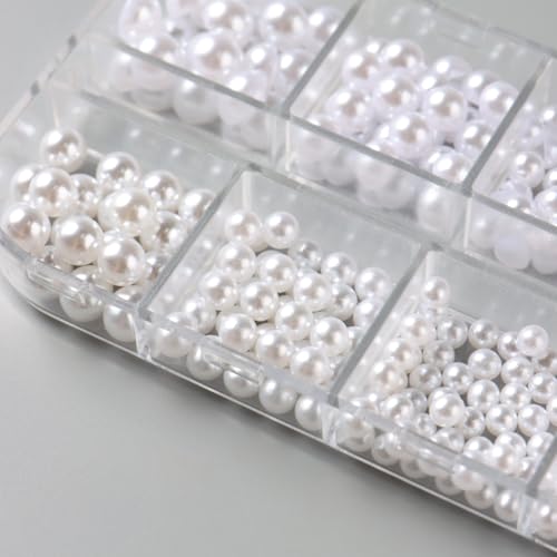 12 Grids White Pearl Nail Art Charms Multi Size Round and Half Round Pearls