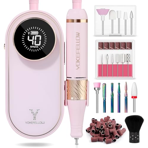 YOKE FELLOW Nail Drill Machine - 40000 RPM Electric Nail File Nail Drills for Acrylic Nails Professional with 12 Drill Bits Manicure Pedicure Polishing Nail Drill for Home Use - color: Pink