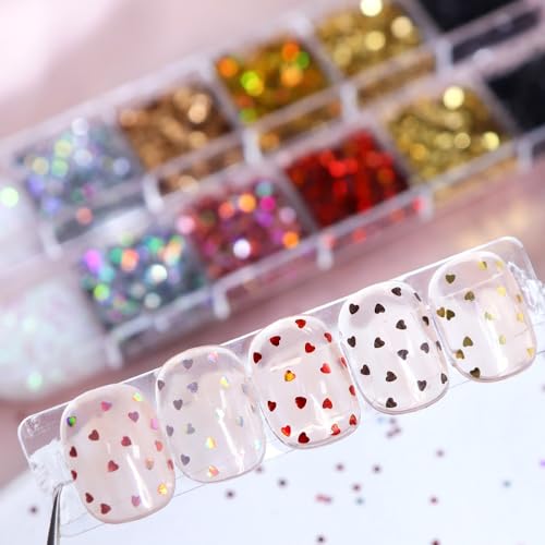 1 Box 12 Color Holographic Hearts Star Nail Glitter Tiny Heart Nail Sequins 3D Red Gold Nail Flakes Sparkly Powder Flakes Shiny Nail Glitter Valentine's Day Nail Sequins Glitter for Nails Art 12 Grids - color: Color 21