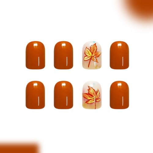 Maple Press on Nails Short Square Fake Nails with Full Cover Designs Orange Nails Press ons Glossy Glue on Nails Fall False Nails Autumn Stick on Nails for Women 24Pcs - color: 19