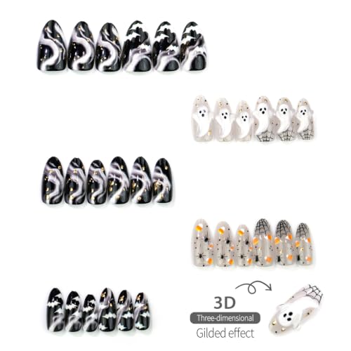 Halloween Press On Nails Medium Almond Fake Nails 3D Ghost Design 30Pcs - color: Halloween nails-9