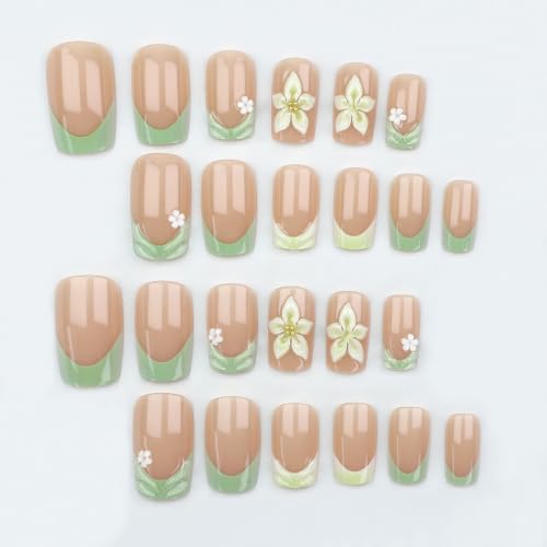 Green French Tip Press on Nails Medium Square 3D Floral Water Ripple Design - color: Green White