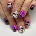 Halloween Press on Nails Short Square Fake Nails with Bat & Spider Web Designs Purple Gradient False Nail Sliver Glitter Stick on Nail Glue on Nails Bling Artificial Acrylic Nail for Women 24Pcs - color: Halloween style 02