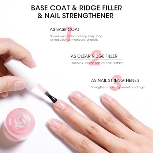 GELLEN Clear Nail Polish Ridge Filling Base Coat, No Light Needed,HEMA Free - color: Clear Pink Tint