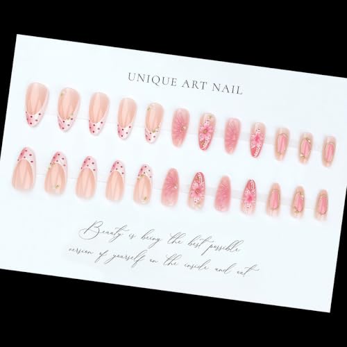 Press on Nails Almond - Gilded Lines, Embossed Flower, Polka Dots - color: Style-33