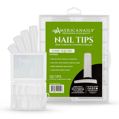 Americanails Nail Tips - Long Square 120ct – Ideal for Acrylic and Hard Gel, Break Resistant ABS Plastic, Clear Matte Finish, Half Well with Micro Contact Area - 120 - Count Set for Stunning Nails - color: Long Square, size: 120 Nail Tips