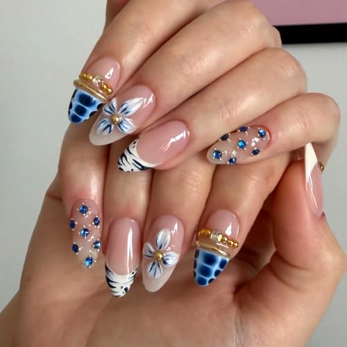 Medium Almond Press On Nails, 3D Blue Flower French, 24 Pcs - color: 106-Blush Blue Pearl