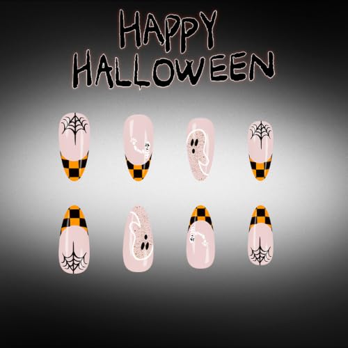 Halloween Almond Press On Nails Medium Nude Fake Nails French False Nail - color: Style C007, size: Medium