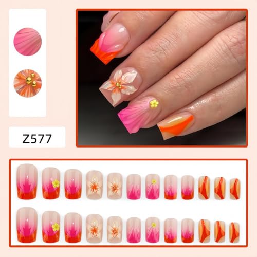 Press on nails Medium Square Flower&Water Ripple Design - color: Orange Pink Yellow