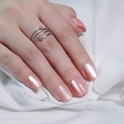 Peach Pink Press On Nails Square – Short Cat Eye Fake Nails with Color-Shifting Glow, Glossy Gel Acrylic Nails 15 Sizes, 30 Nails, Thick Reusable Glue On Nails for Daily Wear & Women Gifts - color: M08-Nude-Pink