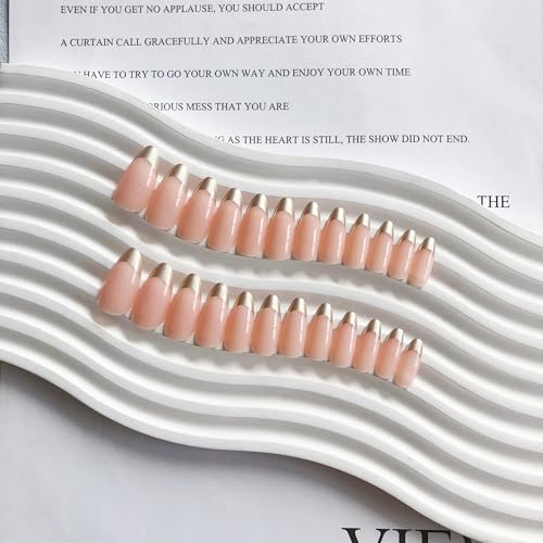 Gold French Tip Press On Nails Short Almond, Medium Fake Nails French Nails Press ons Acrylic Nails Glue on Nails Medium, Natural Short Almond Nails False Nails for Women in 12 Sizes 24 Pcs - color: almond chrome gold