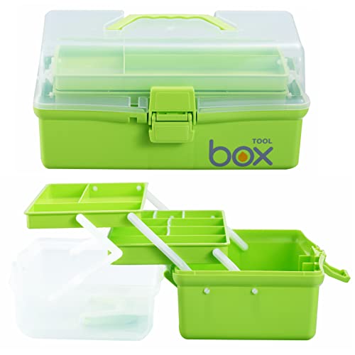 Kinsorcai 2PCS 12'' Three-Layer Clear Plastic Storage Box/Tool Box, Multipurpose Organizer and Portable Handled Storage Case for Art Craft and Cosmetic (Green) - color: green, size: 2PCS