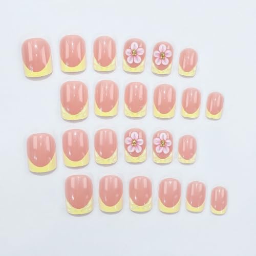 French Tip Press on Nails Short Square Flower Water Ripple Design - color: Yellow Pink