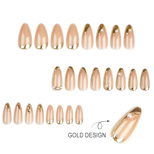 CTTHNBD Press on Nails Almond, Medium, French Tip Fake Nails - color: Chrome Gold