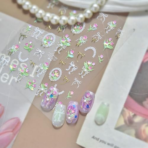1 Sheet Tulip Nail Art Stickers 5D Embossed White Bow Nail Decals Tulips Floral Nail Art Stickers Decals Spring Summer Flower Nail Supplies Pearl Bow Nail Design Decoration Accessories for Women - style: pearl bow