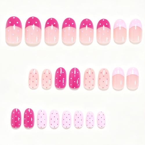 Pink French Tip Press On Nails Short Almond Glossy Fake Nails Polka Dot - color: BD-Pink-7