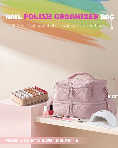 Marscamd Quilted Nail Polish Organizer Bag Holds 42 Bottles and Nail Lamp - color: Pink