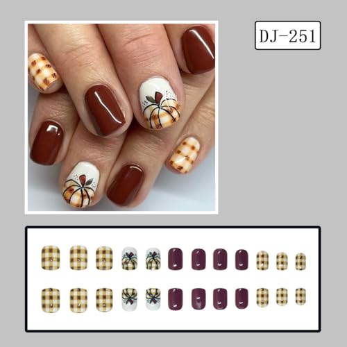 Thanksgiving Press on Nails Short Square Fake Nails Brown Checkered Full Cover Nails Press ons with Glossy Fall Pumpkin Reusable Acrylic Glue on Nails Autumn Nail for Women Thanksgiving Manicure 24Pcs - color: Color-20