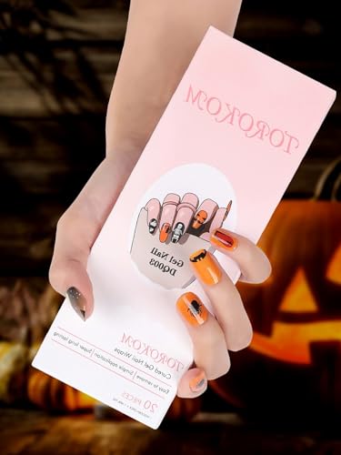 TOROKOM Halloween Cured Gel Nail Strips, Orange Pumpkin Gel Nail Polish Strips, Long Lasting Waterproof Full Nail Wraps, UV/LED Lamp Required - style: 03