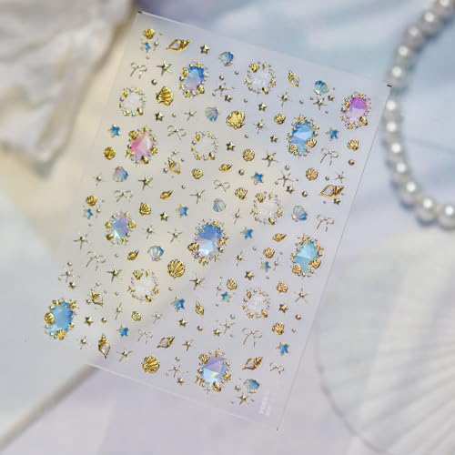1 Sheet Summer Nail Stickers 5D Gold Shell Starfish Nail Decals Shiny Marine Life Nail Art Stickers Ocean Theme Nails Design Sea Nail Accessories Beach Nail Supplies for Women Manicure Decoration DIY - color: Gold Shell Starfish