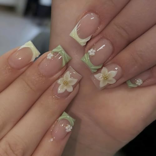 Green French Tip Press on Nails Medium Square 3D Floral Water Ripple Design - color: Green White