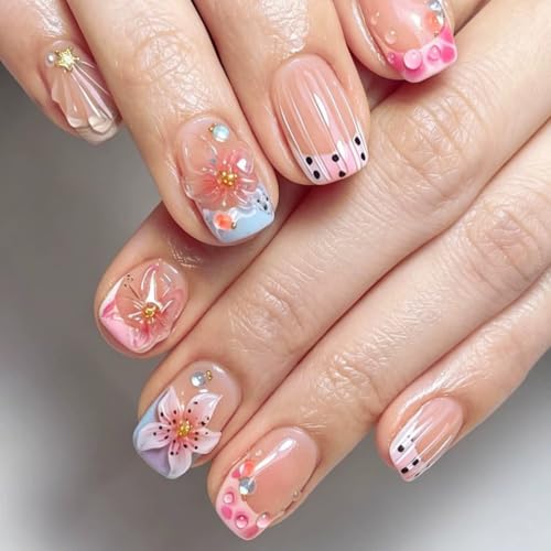 RTKHFZE Short Press on Nails Square Fake Nails 3D Flower Nails Press Ons - color: Style-36
