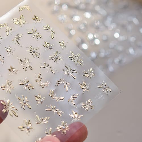 5D Embossed Flower Stickers for Nail Art White Floral Self-Adhesive Pearls Nail Art Decals for Women Nail Supplies Art Design Stickers (to4649_Gold) - style: to4649_Gold