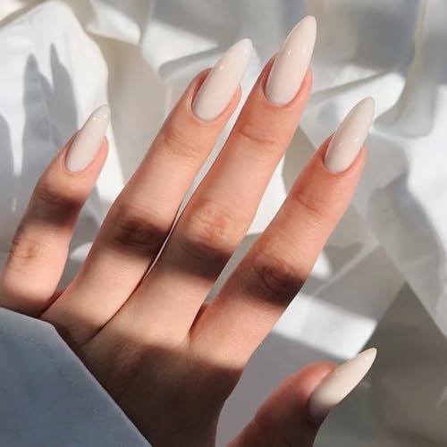 Cream White Acrylic Press on Nails Almond Medium Fake Nails - color: 02-Cream White