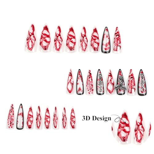 MISUD Press on Nails - Long Stiletto Glue on Nails with Goth Red, Acrylic Gothic Charms Vampire Design 24 pcs - color: 06108Red