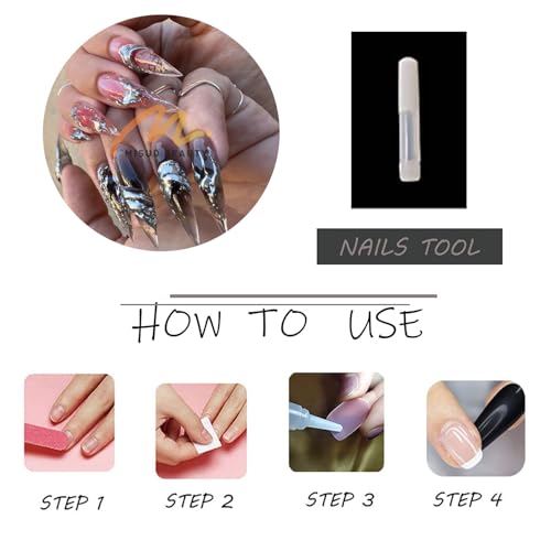 MISUD Press on Nails - Long Stiletto Glue on Nails with Goth Pink Black, Acrylic 3D Silver Chrome Design 24 pcs - color: 06121-03Pink&Black