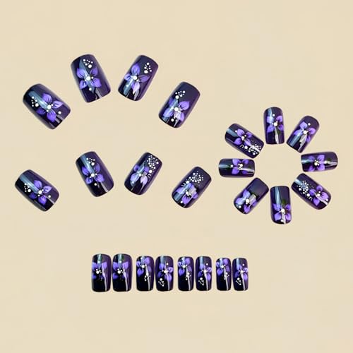 24pcs Purple Press on Nails Medium Length Square Fake Nails Spring Stick on Nail with Floral designs Acrylic False Nails Full Cover Reusable Summer Glue on Nails for Women Finger Manicure - color: s25
