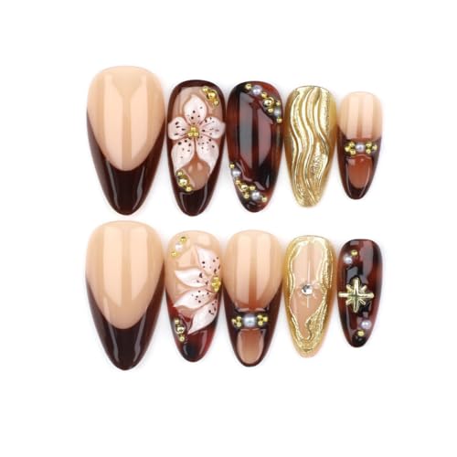 Fall Brown Press on Nails Medium Almond - Tortoiseshell & 3D Flowers - color: D-48