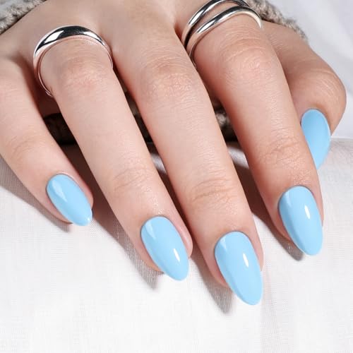 Blue Press On Nails Almond - Blue Almond Fake Nails - color: 5C - Soft Blue