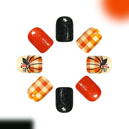 Fall Short Square Press On Nails Orange Green Fake Nail With Pumpkin Design - color: fallnails18