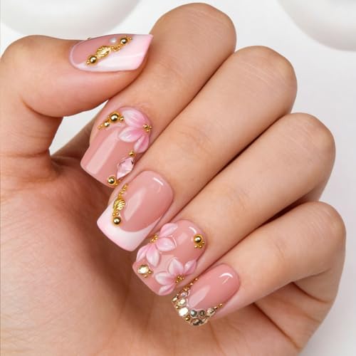 10 Pcs Flower Press on Nails Handmade Short Fake Nails 3D Pink White Flower Designs Rhinestone French Tips False Nails Press ons with Charms Designs Thick Square Acrylic Stick on Nail for Women (M) - color: 2703, size: M