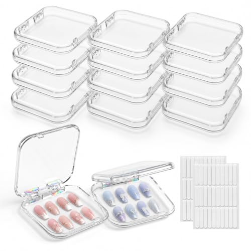 12 Pcs Press On Nail Storage Box with 60 Double Sided Adhesive Tapes, Clear Acrylic Nail Packaging Box, Fake Nail Display Case Organizer for Press Ons, Nail Art Business, Salon Supplies ﻿ - color: 12 Pcs