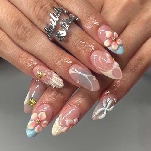 Summer French Press On Nails Medium Almond Fake Nails 3D Flower False Nails With Starfish Shell FloralDesign Reusable Glossy Stick On Nails Full Cover Glue On Nails For Women Manicure 24Pcs - color: Design-23