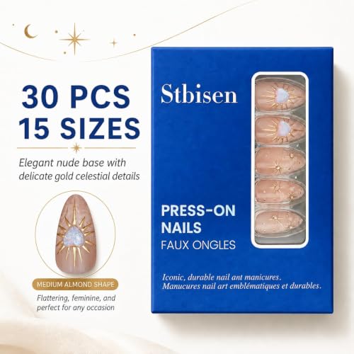 Medium Almond Press On Nails, Gold Star Jewel Nude Fake Nails 30Pcs - color: 01-3D-Gold Star