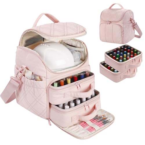 FCQQYWZ Nail Polish Organizer with 2 Detachable Cases Hold 60 Bottles & Nail Lamp, Portable Nail Organizers and Storage with Handle & Shoulder Strap, Travel Nail Bag for Manicure Tools - color: 60-Bottles-Pink
