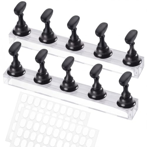 Nail Stand for Press Ons, Acrylic Magnetic Nail Tips Practice Holder, Practice Hands & Fingers, 100 Pcs Reusable Double-Sided Tape Dot for Home DIY Salon Painting Nails Stand kit (Black) - color: Black A