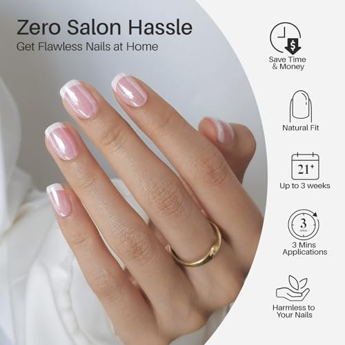 SHANGMENG Press on Nails, Square Short Chrome French Tip Nails, Soft Gel - color: Aurora French