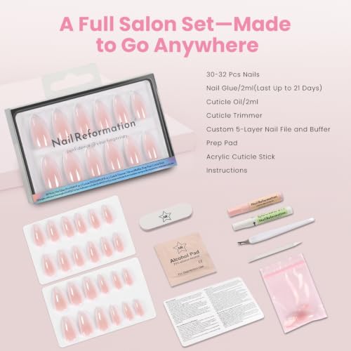 Nail Reformation Soft Fade Press On Nails, Medium Almond, 15 Sizes 30Pcs - color: Soft Fade MA