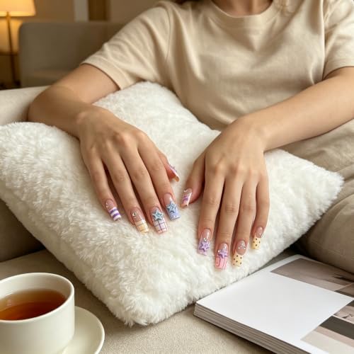 Coffin Press on Nails Long Pastel Plaid Fake Nails 24pcs - color: style-CL17