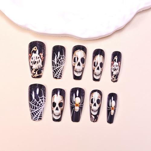 Halloween Press on Nails Skeleton Medium Coffin Fake Nails with Spider Web & Spider Designs Horror Skull False Nail Black Glossy Acrylic Nail Full Cover Stick on Nails for Women Manicure 24 Pcs - color: Halloween Style 018
