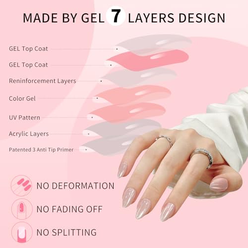 Almond Cat Eyes Press On Nails,12 Sizes - 24 Pcs Soft Gel White Medium Fake Nails Kit with Nail Glue, Natural Reusable Stick On False Nails for Women and Girls (Skycloud Moonlight) SK0764 - color: SK0764-Moonlight