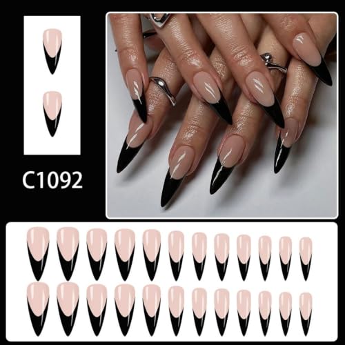 Long Stiletto Press on Nails Black French Tip Fake Nails 24Pcs - color: Color-3
