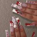 MISUD Press on Nails - Extra Long Square Glue on Nails with Red French Tip, Acrylic Cherry Bow Design 24 pcs - color: 07801Red