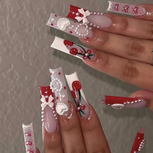 MISUD Press on Nails - Extra Long Square Glue on Nails with Red French Tip, Acrylic Cherry Bow Design 24 pcs - color: 07801Red