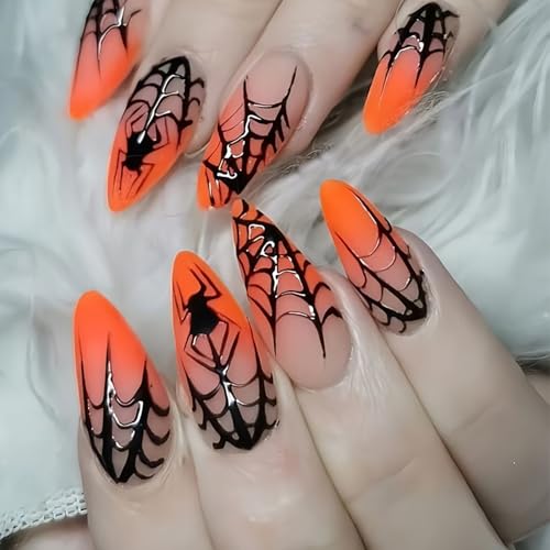 Halloween Press On Nails Medium Almond Fake Nails Press Ons Holiday With Spider Web Design False Nails Glossy Full Cover Acrylic Nails Orange Glue On Nails For Women - color: Halloween nails-5